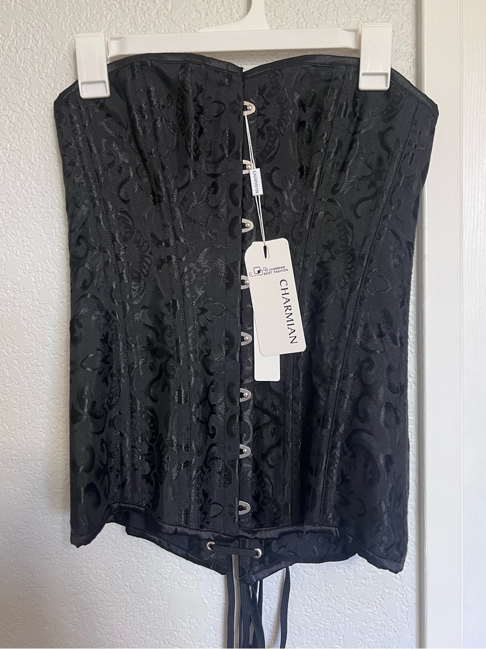 Charmian Black Brocade Corset Top | Lace-Up Back | Hook & Eye Front